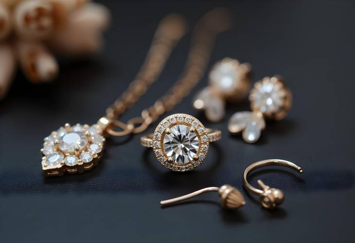 Luxurious Diamond Jewelry Set Rings, Necklaces, and Earrings Collage